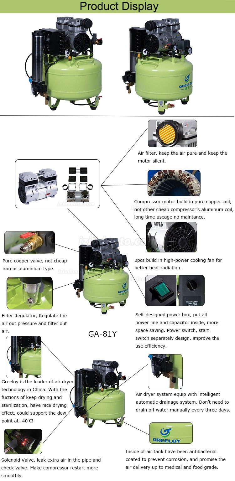 Greeloy® GA-81Y Compressor de ar odontológico sem óleo com secador